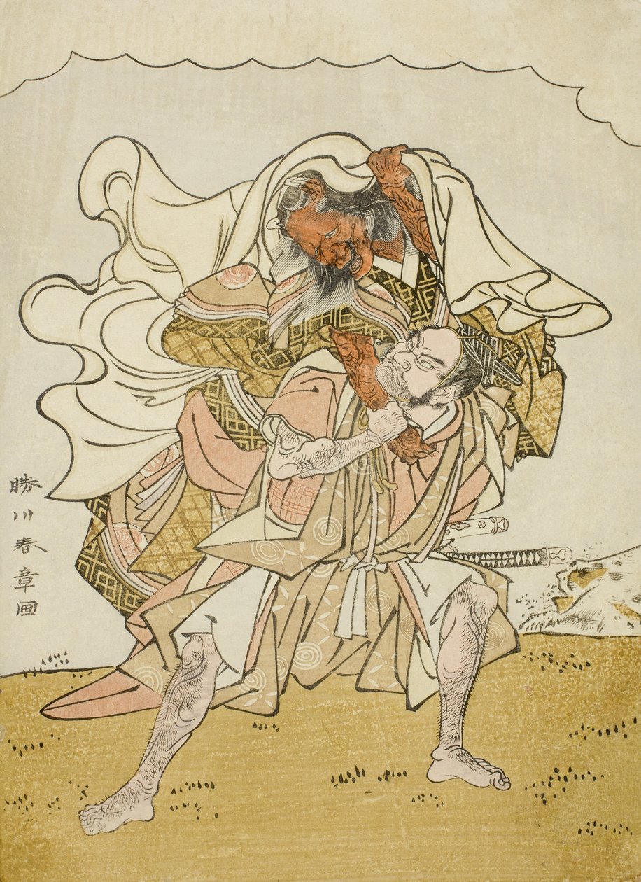 Krigeren Omori Hikoshichi bærer en kvindelig dæmon på ryggen, ca. 1772 (træblok i farver; chuban) af Katsukawa Shunsho