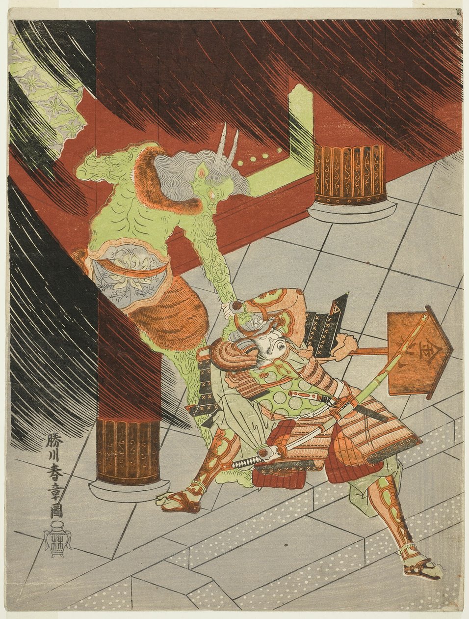 Krigeren Watanabe no Tsuna bekæmper dæmonen ved Rashomon af Katsukawa Shunsho