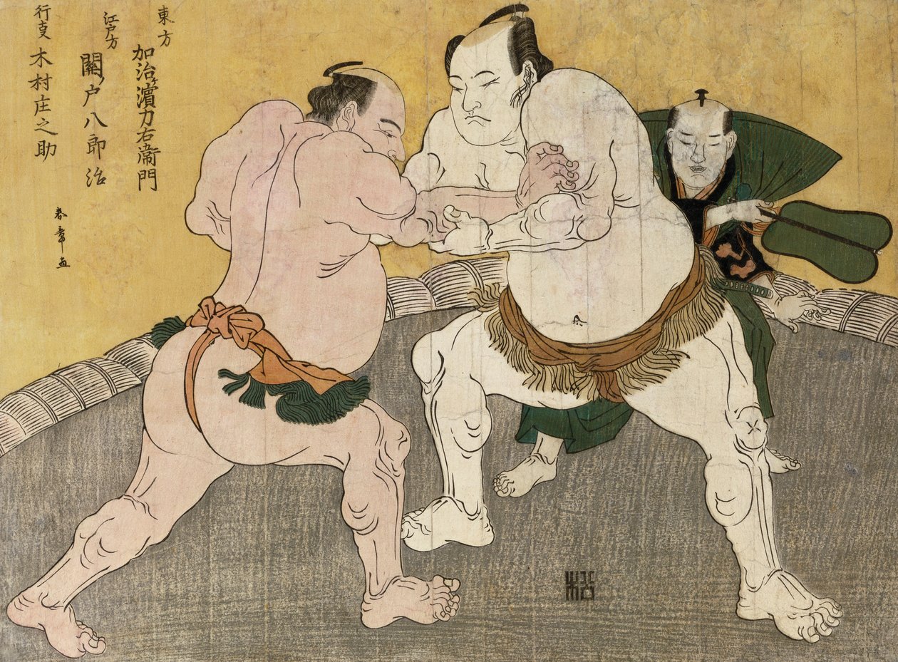 Brydekampen mellem Kimenzan Tanigoro og Edogasaki Gemji (træbloktryk i farver) af Katsukawa Shunsho