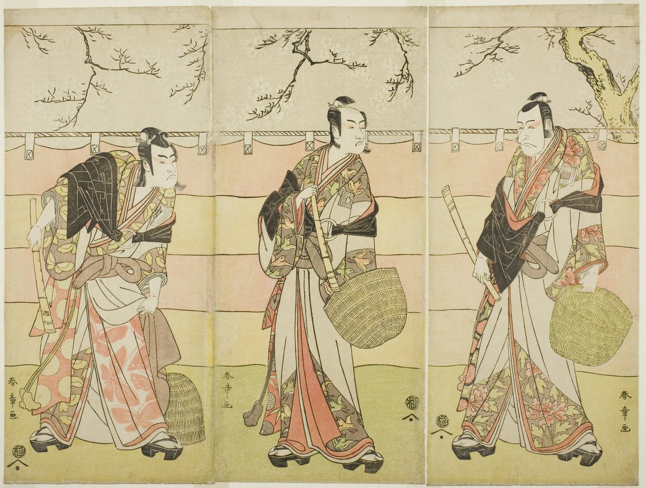 Three Komuso Monks: The Actors Ichikawa Ebizo (Danjuro V) som Kudo Suketsune (th), Ichikawa Monnosuke II som Soga no Juro Sukenari (i midten), og Ichikawa Omezo I som Soga no Goro Tokimune (venstre), i stykkets sjette akt Waka Murasaki Edokko Soga (bleg li af Katsukawa Shunsho