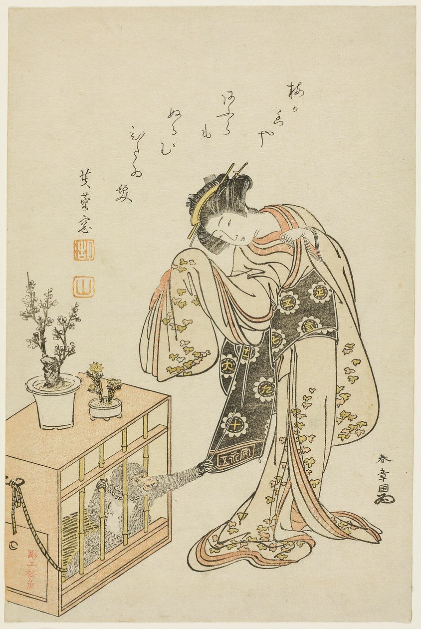 Ung kvinde med en abe i bur (kalendertryk til nytår 1776) af Katsukawa Shunsho