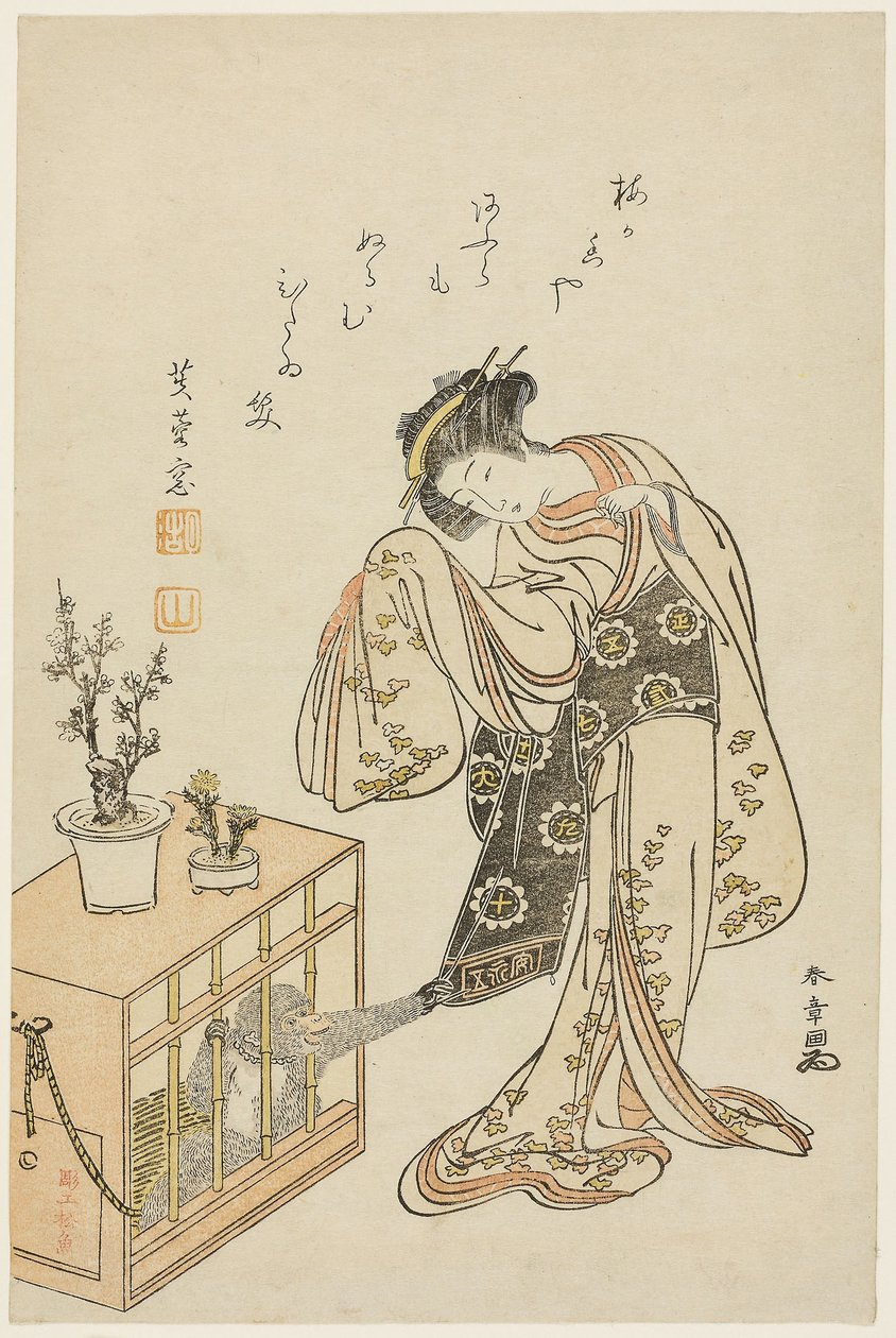 Ung kvinde med abe i bur (kalendertryk til nytår 1776) af Katsukawa Shunsho
