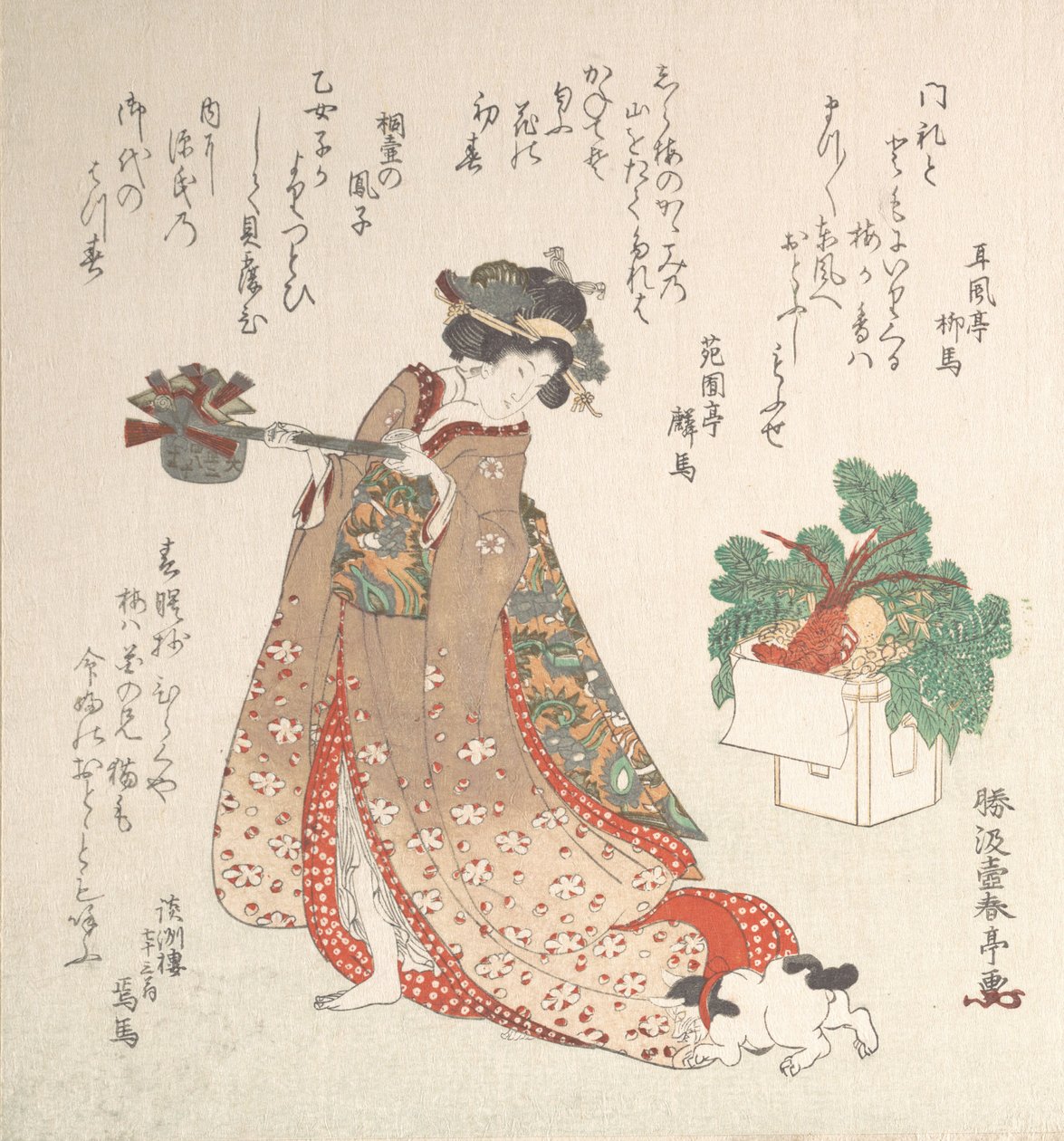 Ung kvinde med en vinpotte til nytårsceremoni, ca. 1815. af Katsukawa Shuntei