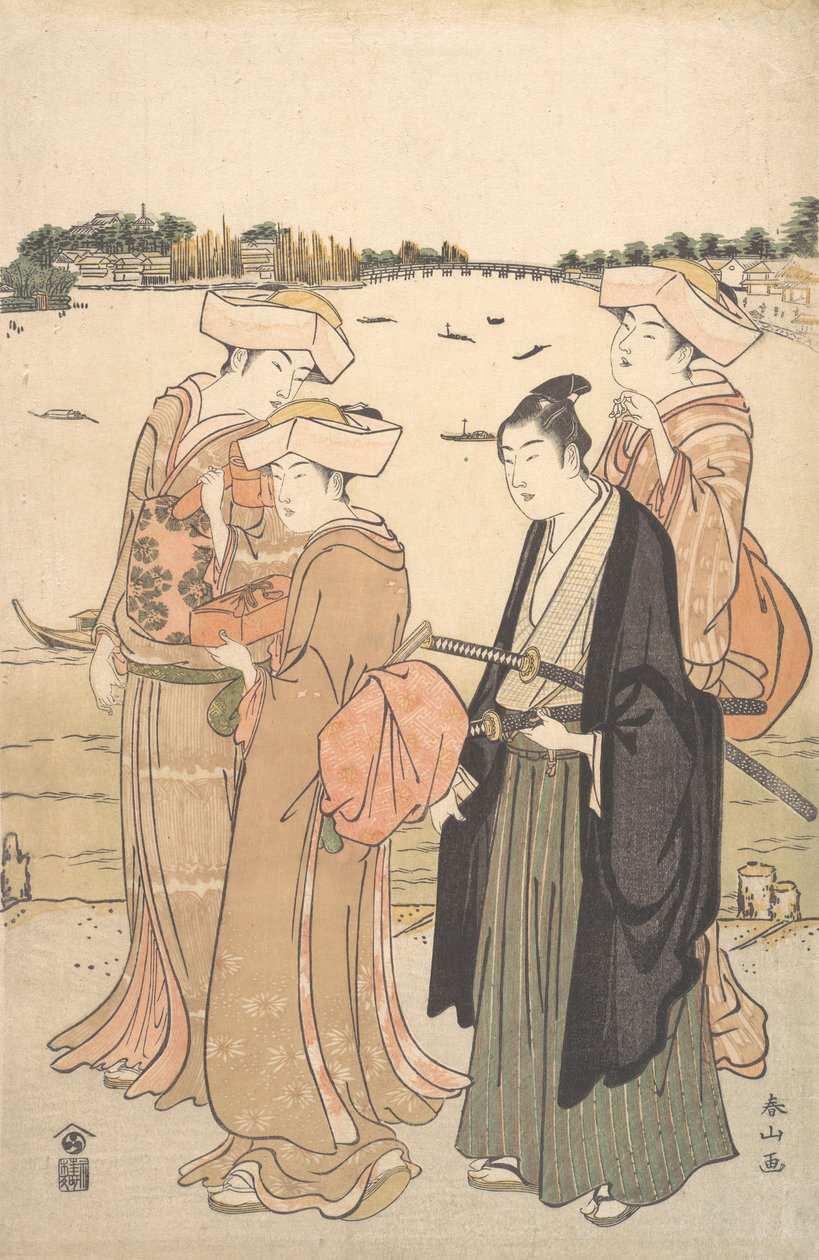 En ung samurai og tre kvinder, ca. 1789. af Katsukawa Shunzan