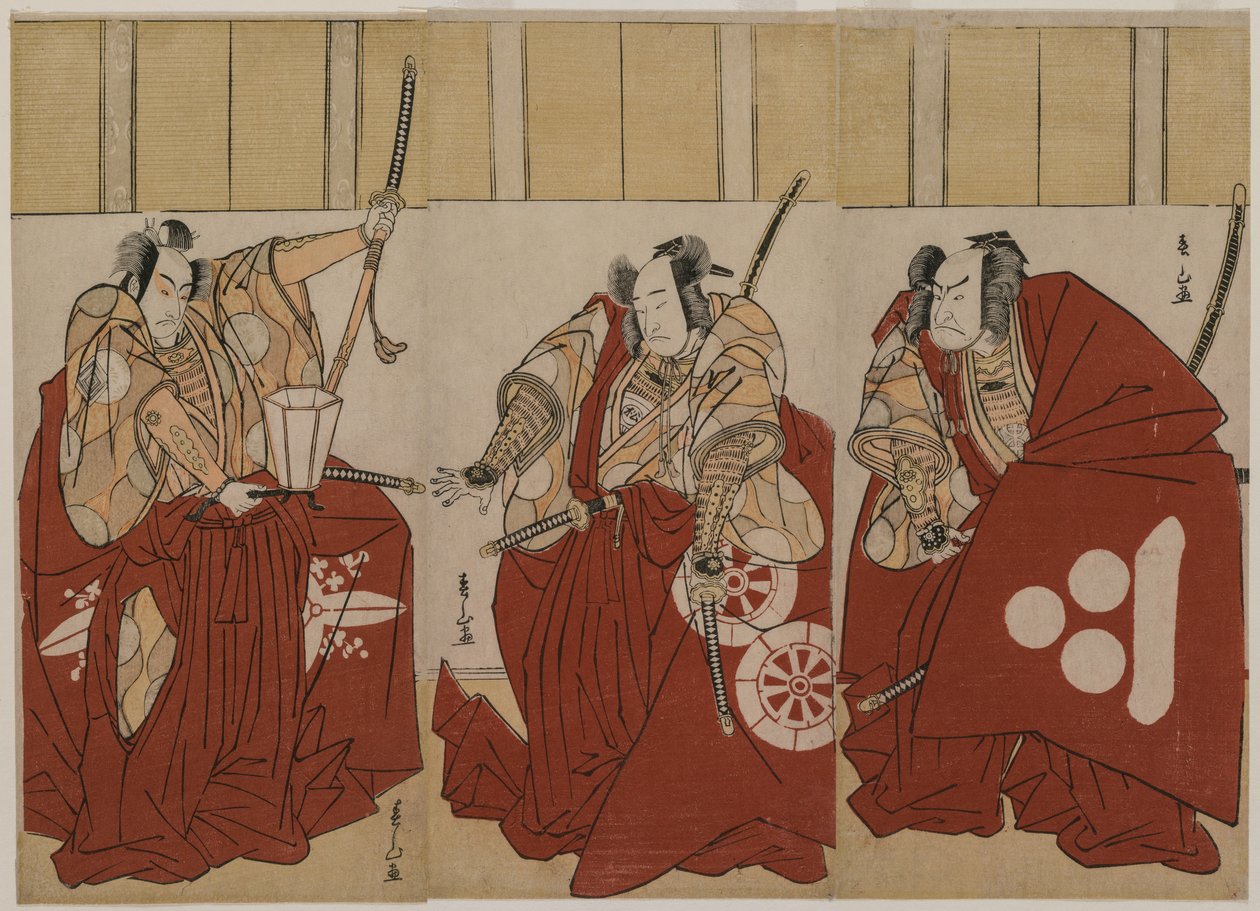 Ichikawa Monnosuke II som Urabe Suetake, Onoe Matsusuke I som Usui Sadamitsu og Nakamura Nakazo I som Watanabe no Tsuna i The Four Heavenly Kings Costumed as the Night Watch af Katsukawa Shunzan