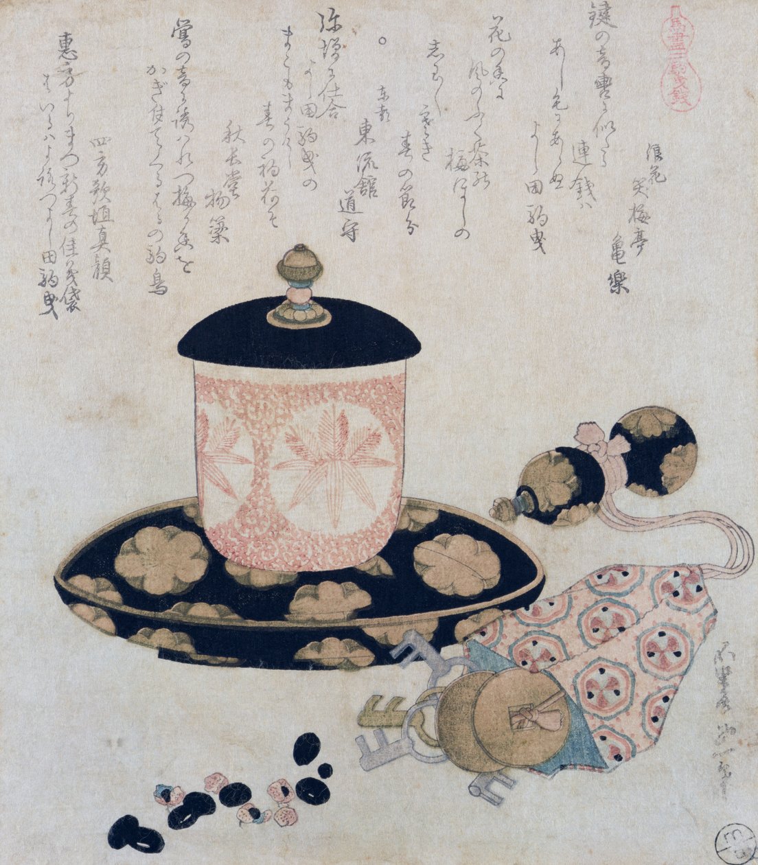En kande med te og nøgler, 1822 (træbloktryk i farver) af Katsushika Hokusai