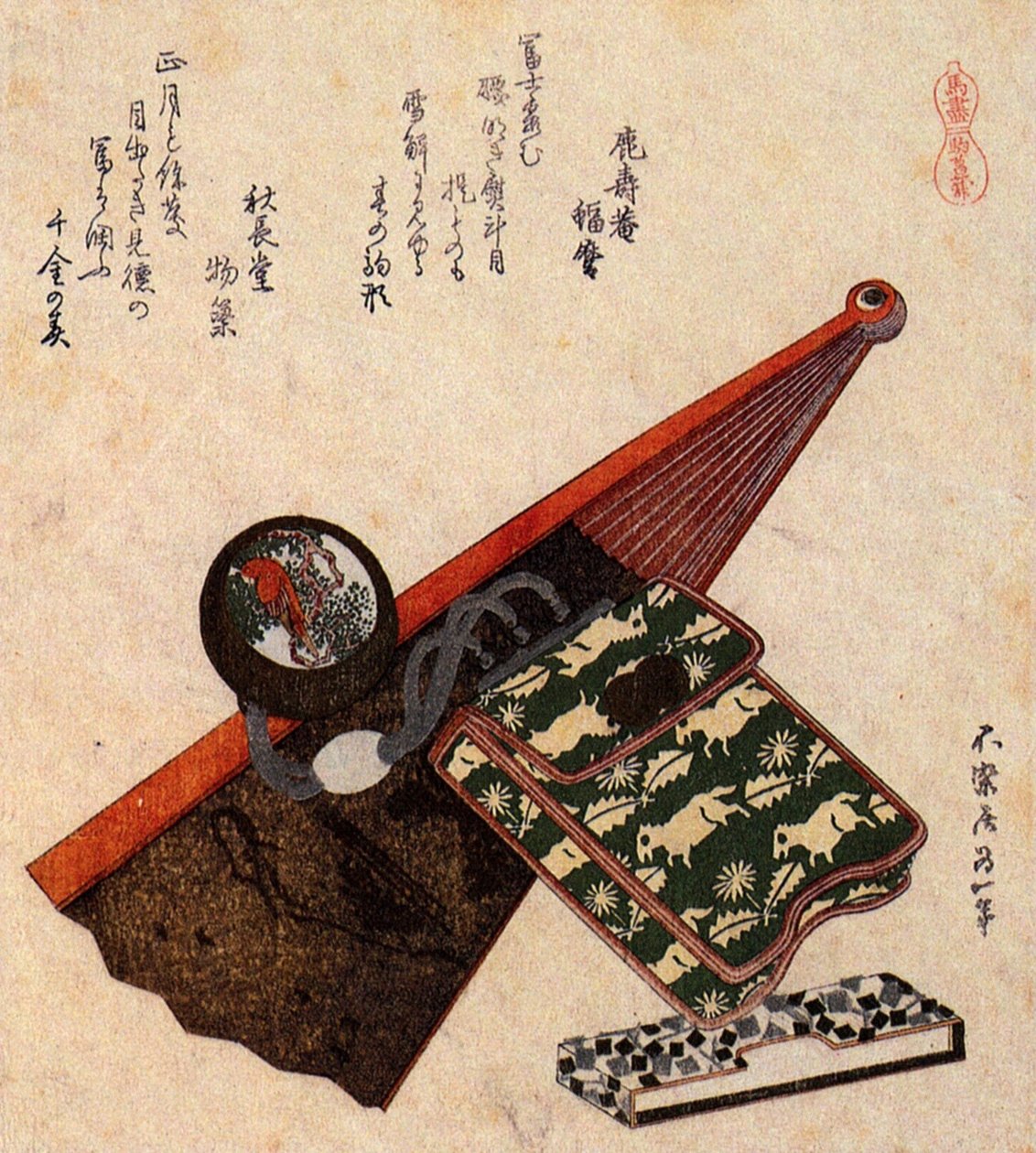En læderpose med kagami Netsuke ona delvist åbnet blæser af Katsushika Hokusai