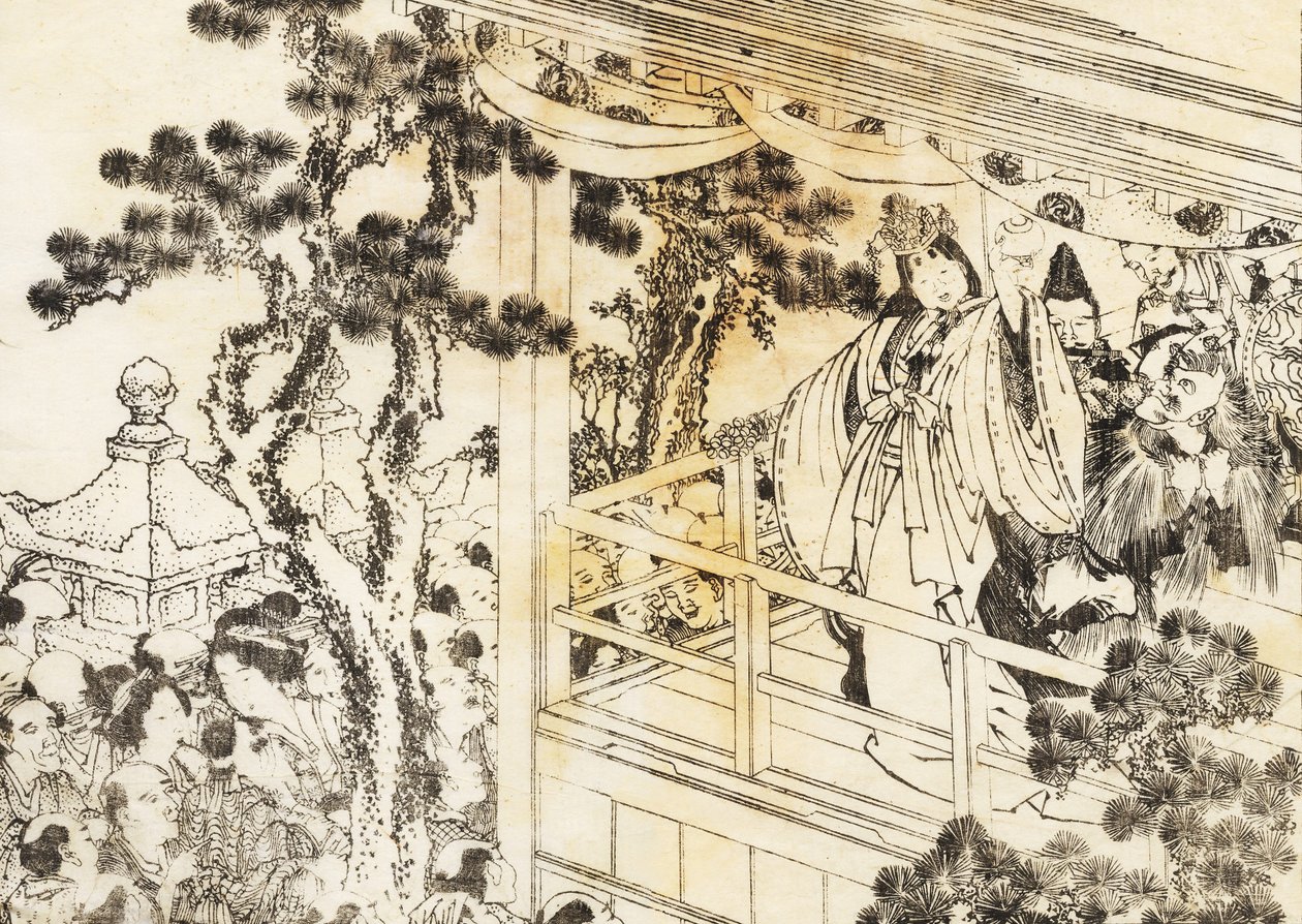 En scene med en shinto -helligdans af Katsushika Hokusai