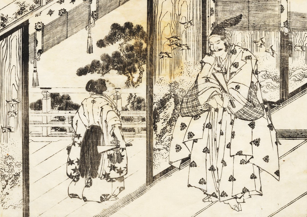 En veluddannet dreng respekterer en ældre mand af Katsushika Hokusai
