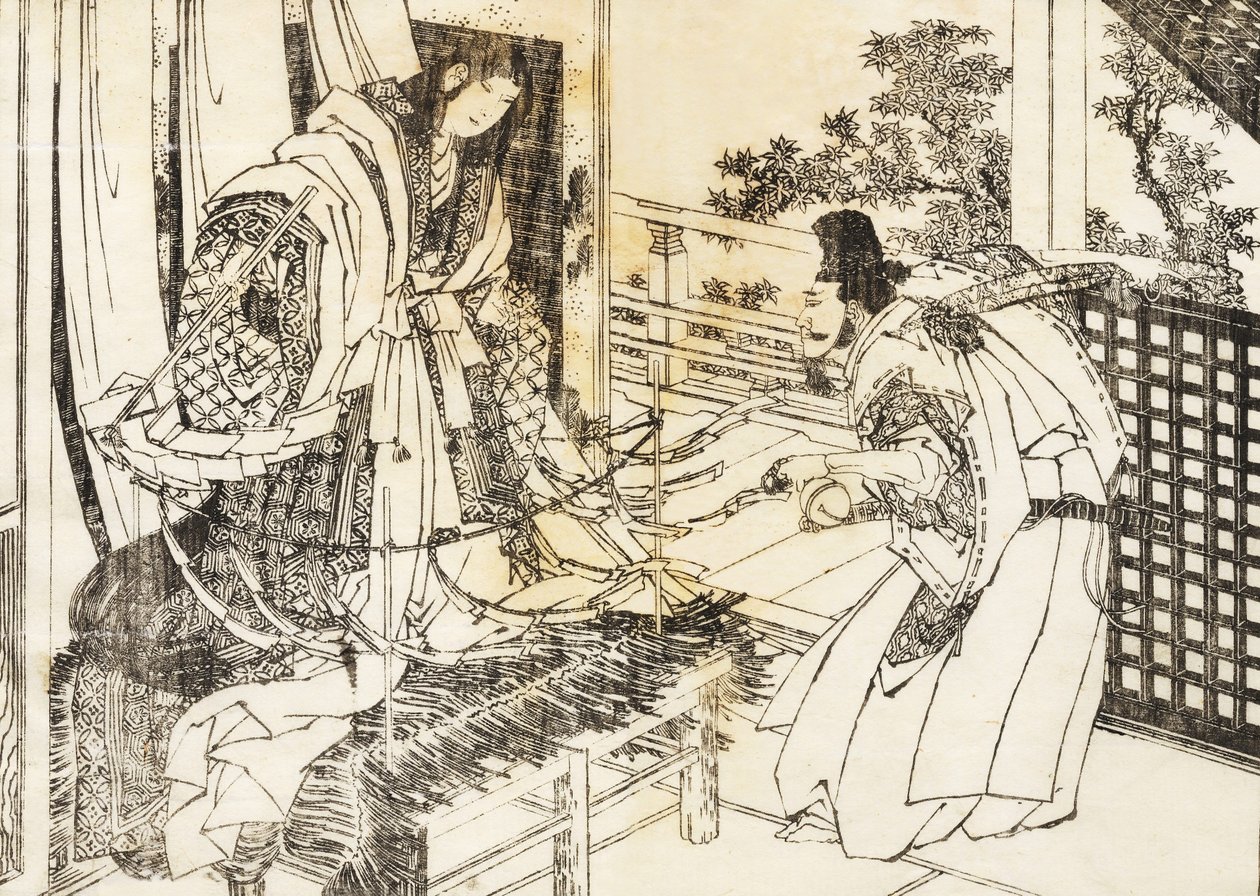 En kvinde i shinto -helligdom har en pind med mange papirblade af Katsushika Hokusai