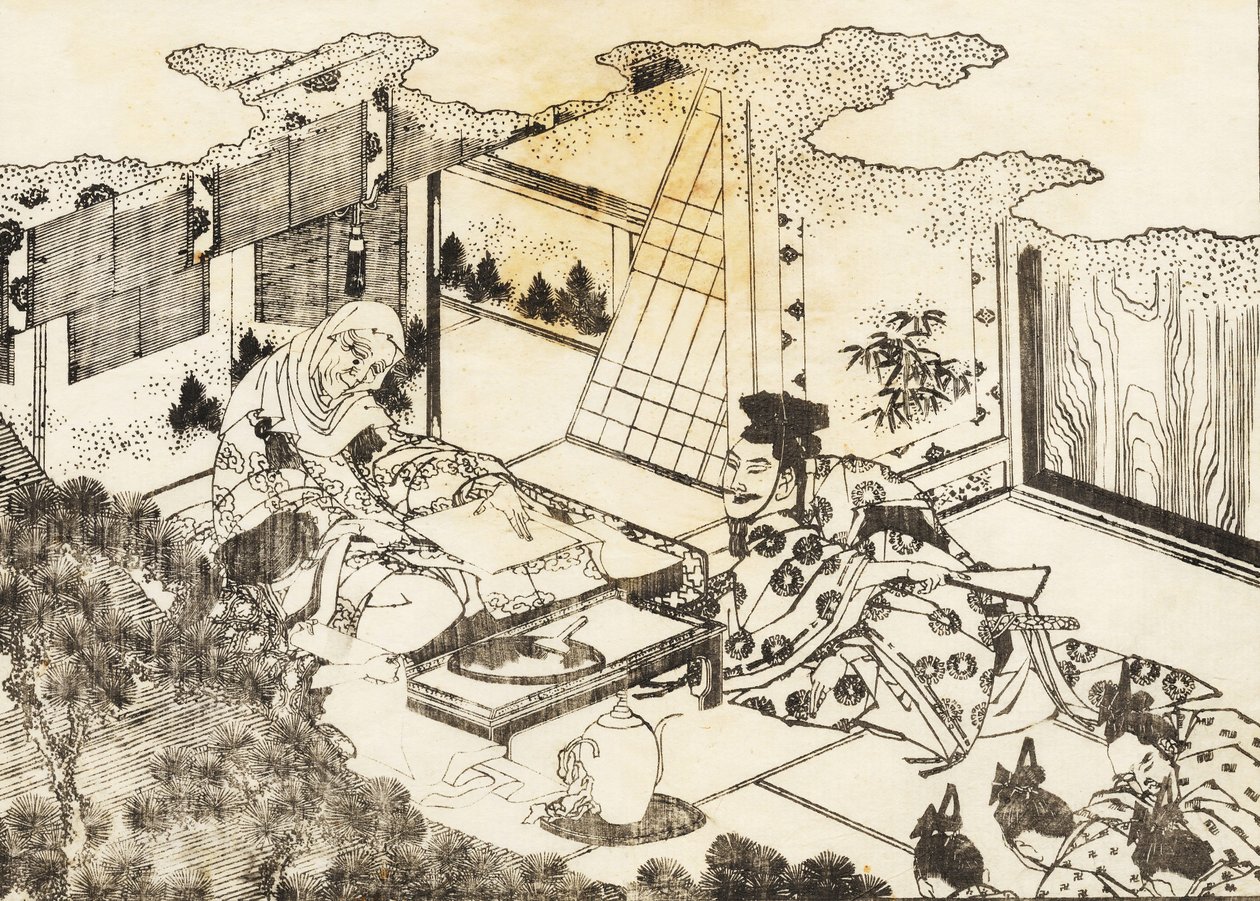 En gammel kvinde, måske buddhisme -nonne, sidder og en ung kvinde læser noget for hende af Katsushika Hokusai