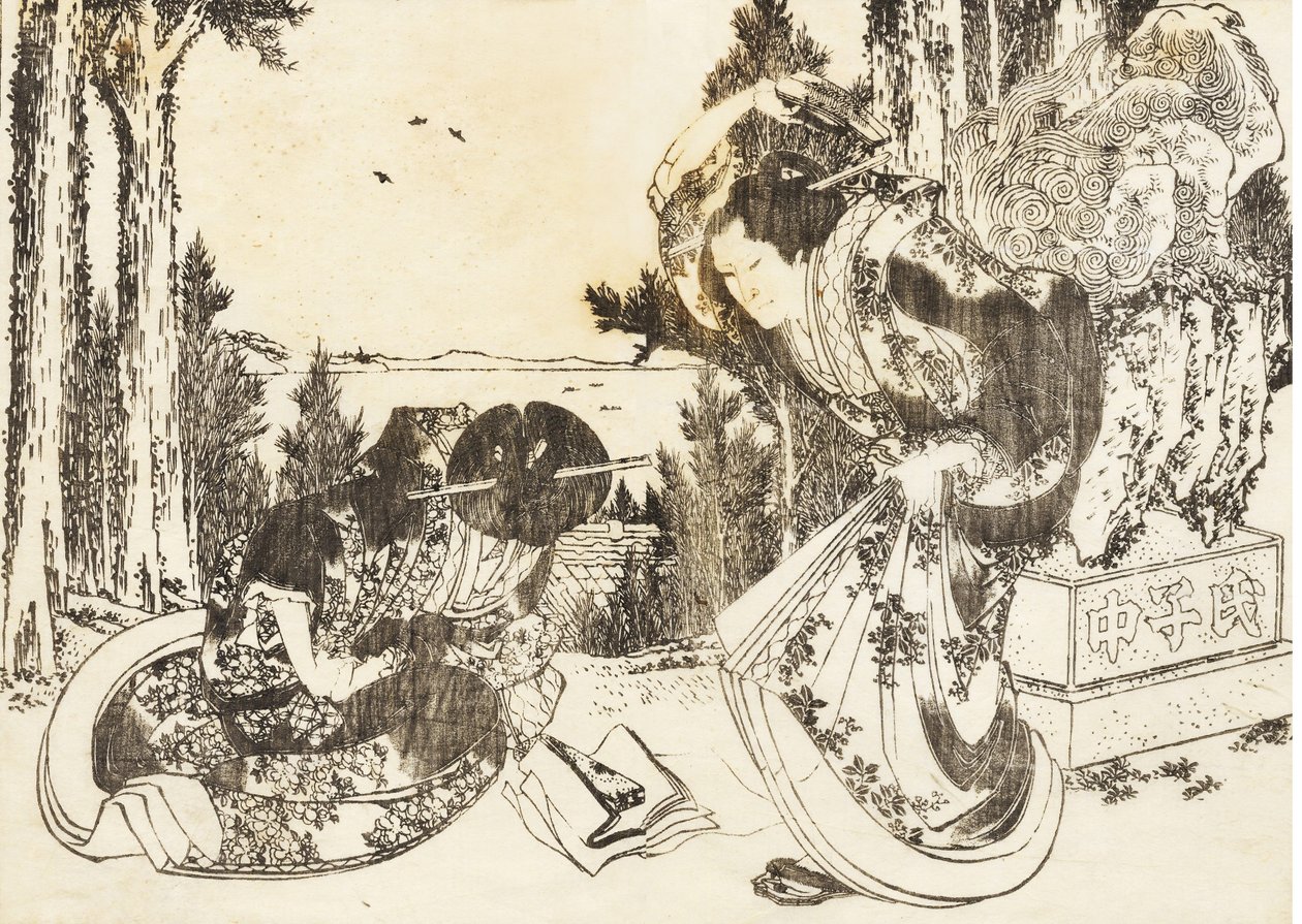En ældre kvinde rammer en anden kvinde med sin sko af Katsushika Hokusai