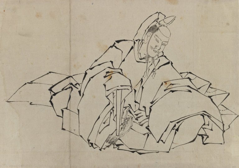 Tegning af siddende adelsmand i fuld kostume af Katsushika Hokusai