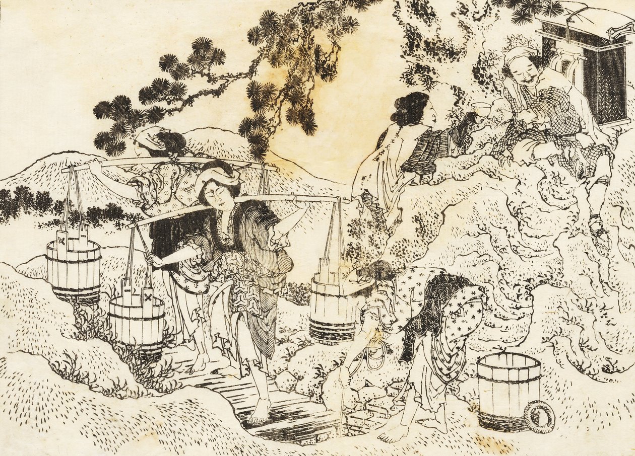Fire kvinder arbejder meget hårdt og bærer kar med vand af Katsushika Hokusai
