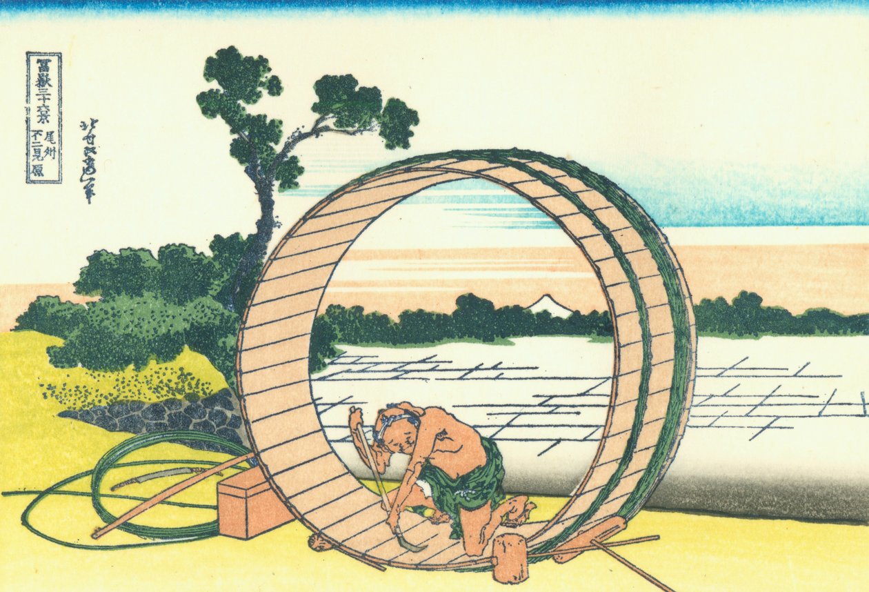 Fuji set fra rismarker i Owari -provinsen af Katsushika Hokusai