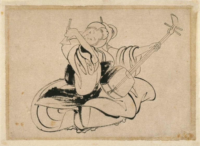 Siddende kvinde med Shamisen af Katsushika Hokusai