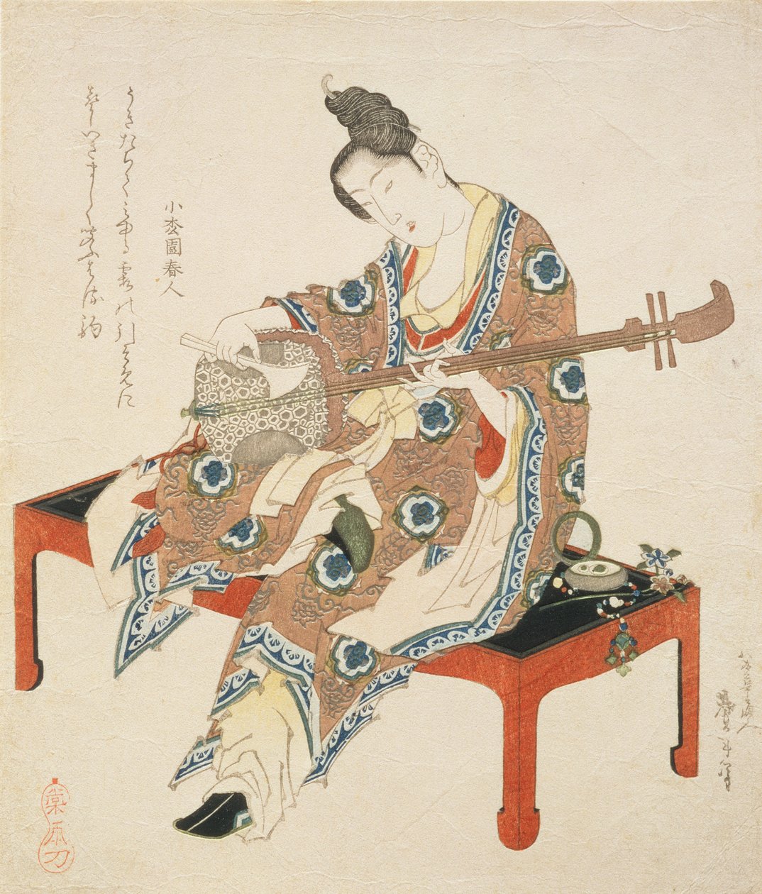 Chinese Beauty Playing the Shamisen, ca. 1833-34 (træbloktryk) af Katsushika II Taito