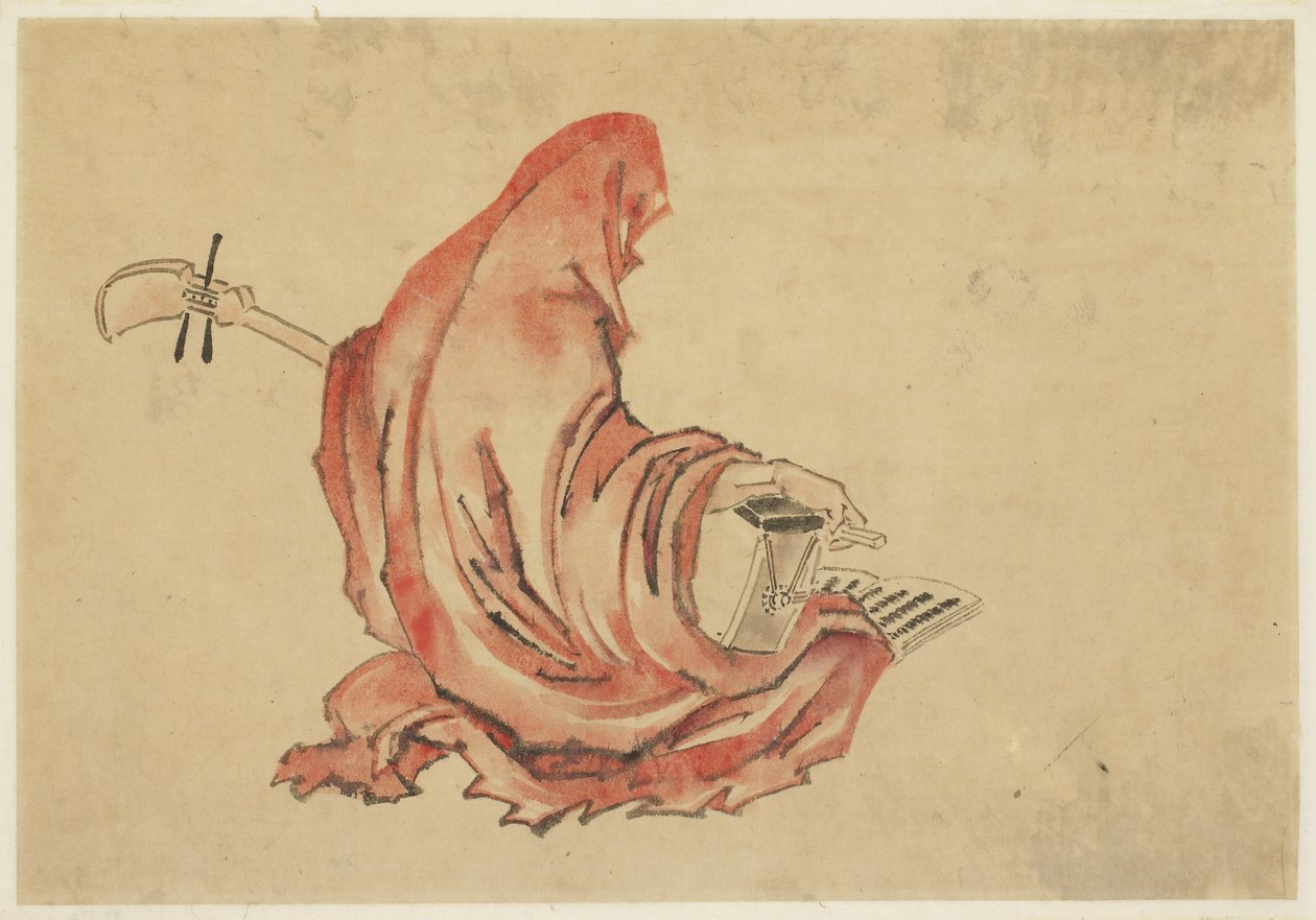 Daruma Playing a Shamisen, ca. 1815-1849 (blæk og farve på papir) af Katsushika (school of) Hokusai