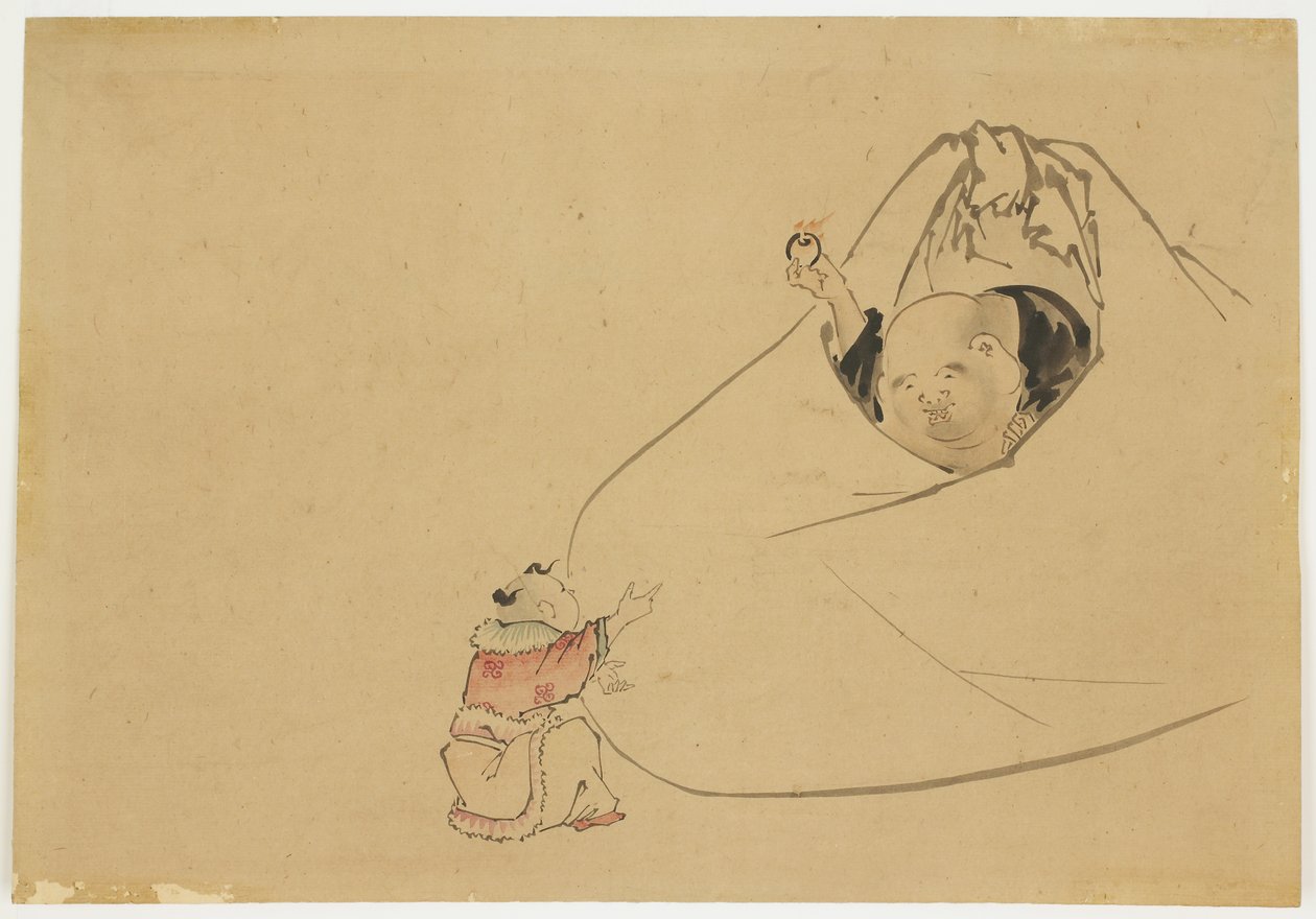 Hotei tilbyder flammende juvel til en lille dreng, ca. 1850 (blæk og farve på papir) af Katsushika (school of) Hokusai