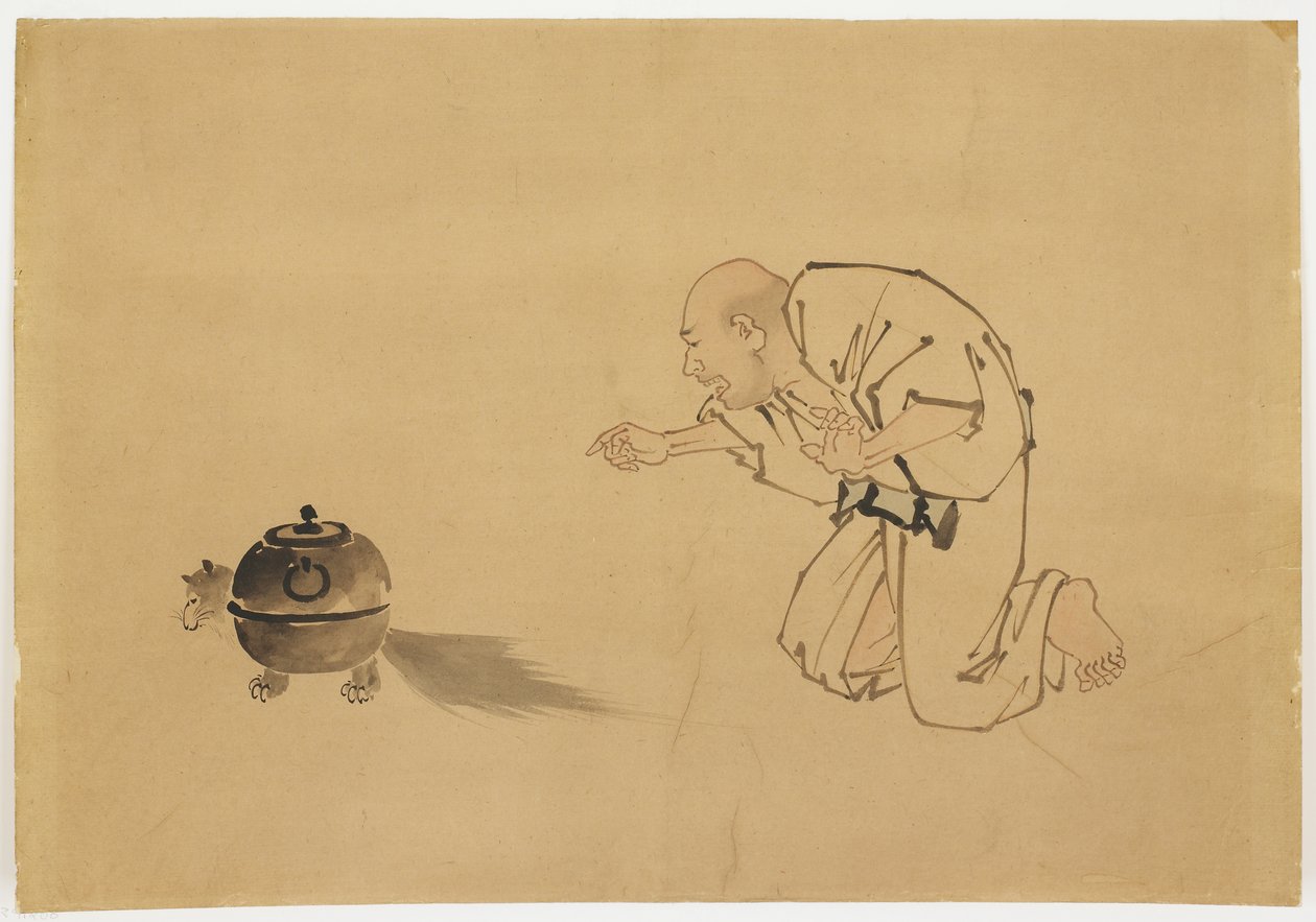 Illustration til "Tanuki tekedel", ca. 1850 (blæk og farve på papir) af Katsushika (school of) Hokusai