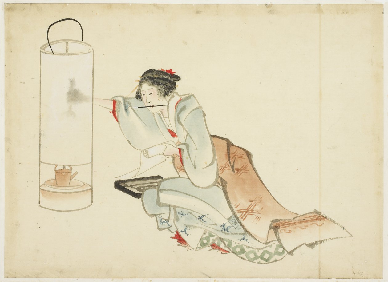 Lady Adjusting a Lamp, ca. 1815-1849 (blæk og farve på papir) af Katsushika (school of) Hokusai