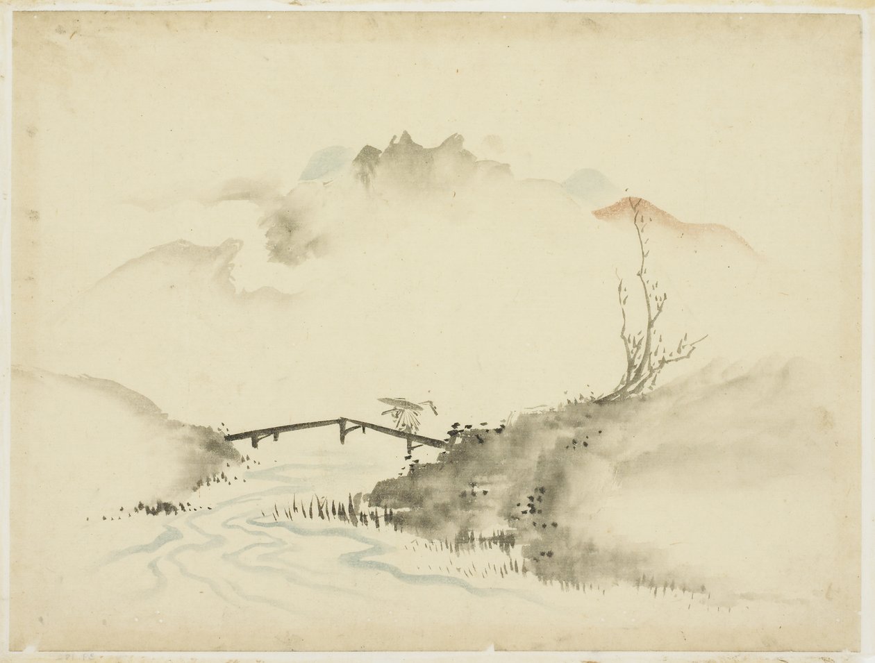 Landskab med Farmer Crossing Bridge, 1615-1868 (blæk og farve på papir) af Katsushika (school of) Hokusai