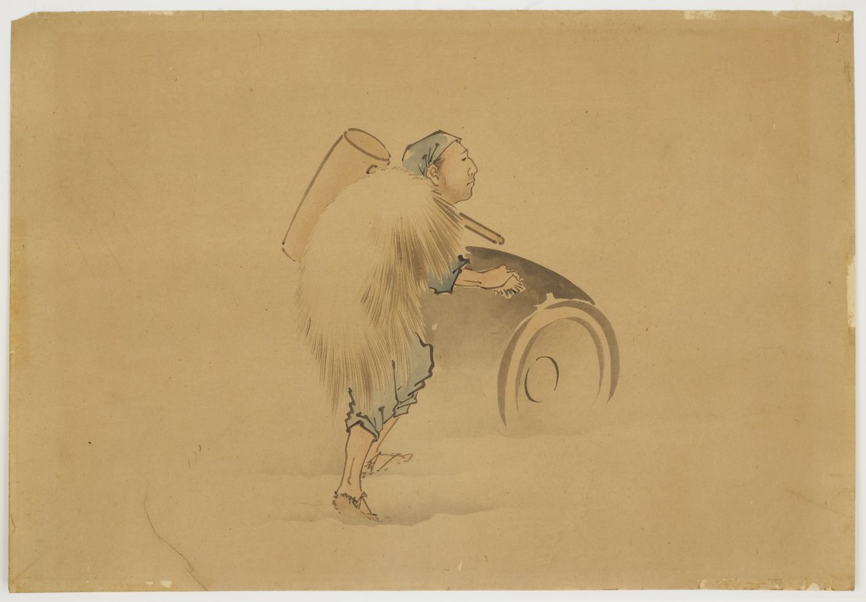 Man with Mallet Rolling Barrel, ca. 1850 (blæk og farve på papir) af Katsushika (school of) Hokusai