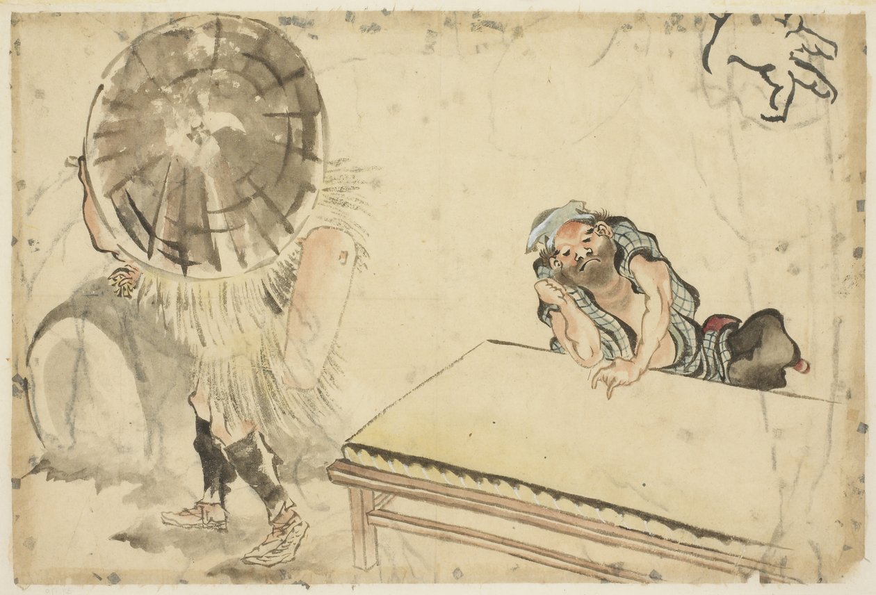 Mochi Maker og en Tatami Maker (to skitser), ca. 1815-1849 (blæk og farve på papir) af Katsushika (school of) Hokusai