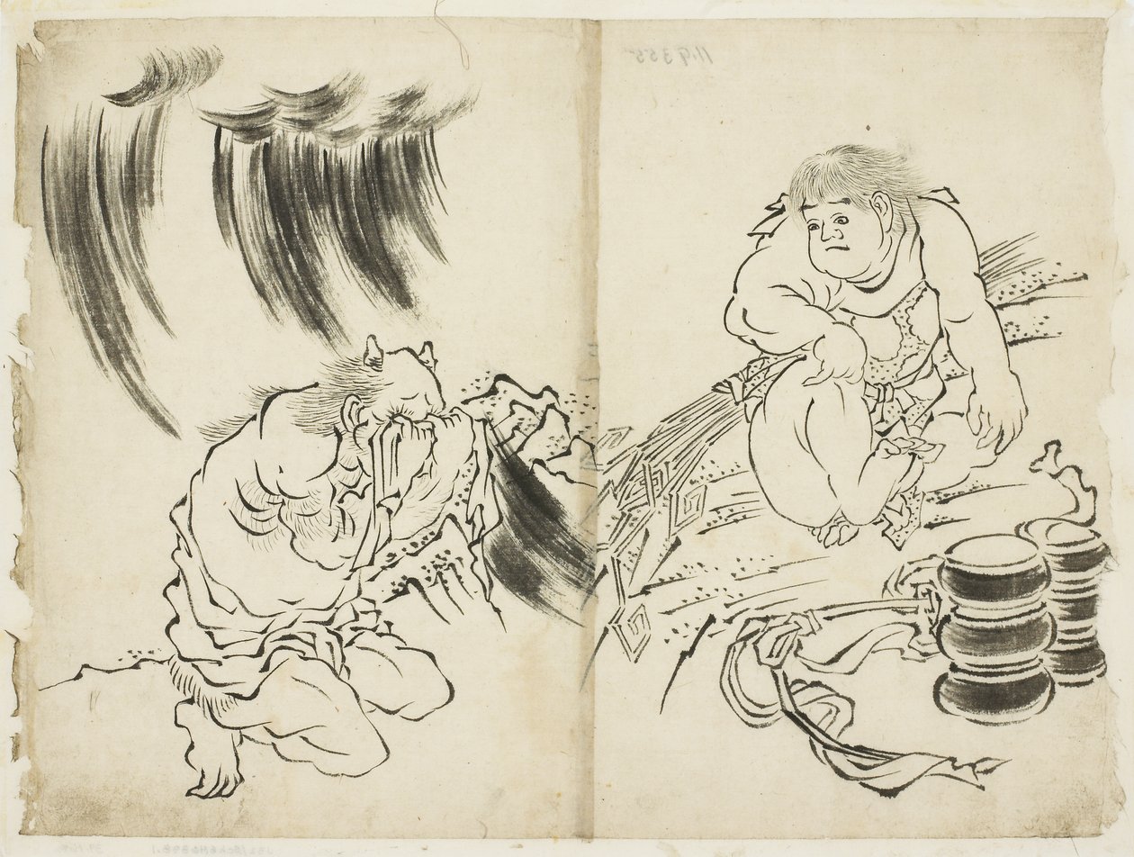 Personificering af Storm med Kintaro og Weeping Oni, ca. 1815-1849 (blæk på papir) af Katsushika (school of) Hokusai