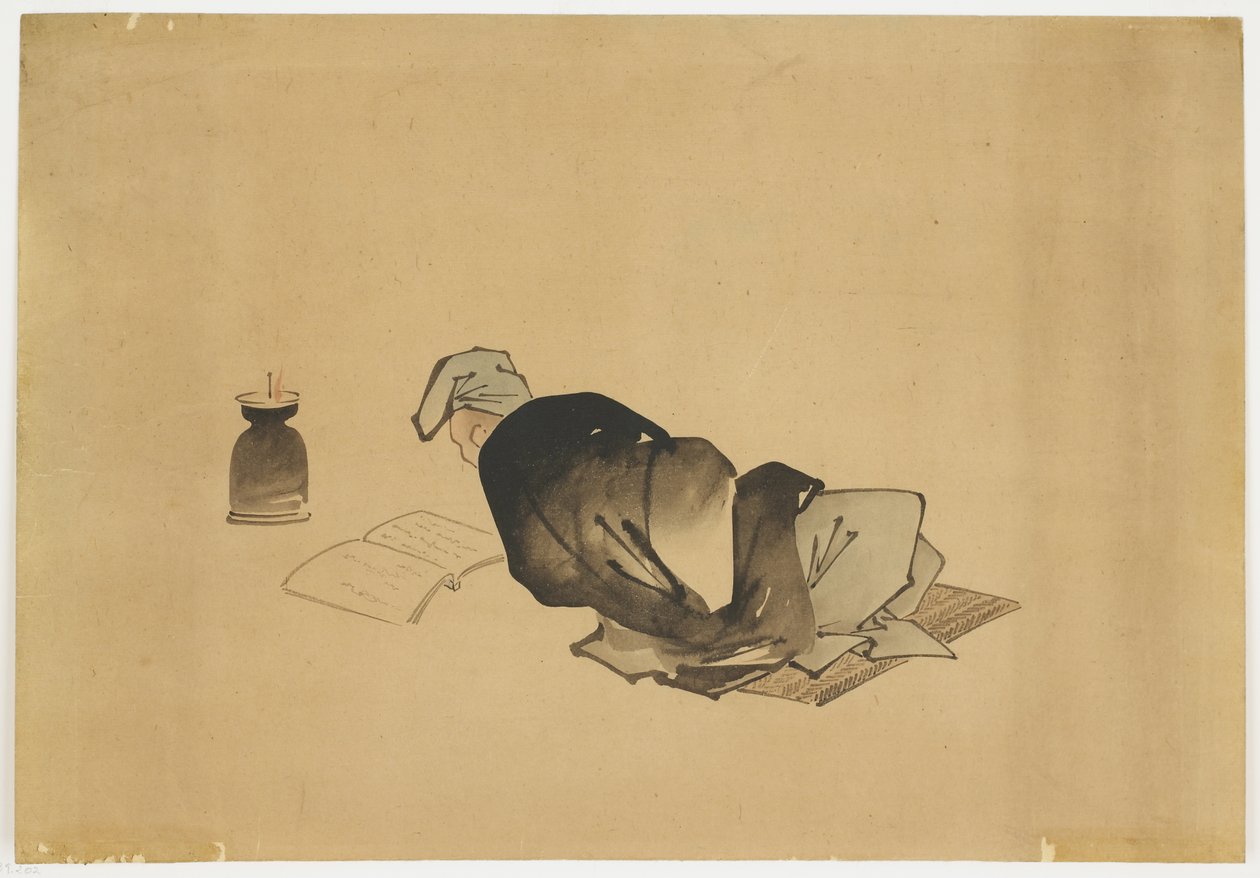 Liggende mand læser af Lamplight, ca. 1850 (blæk og farve på papir) af Katsushika (school of) Hokusai