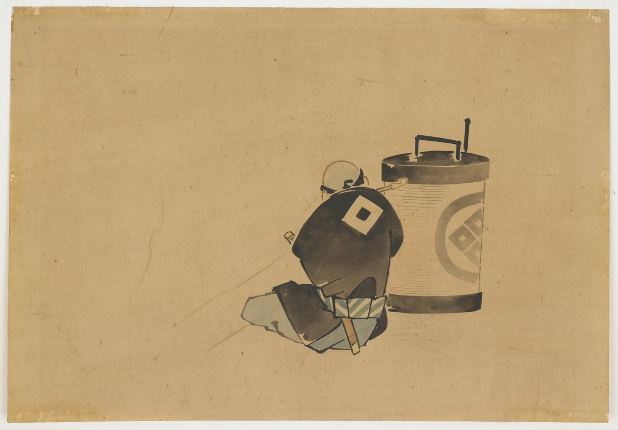 Siddende ledsager ryger ved en lampe, ca. 1850 (blæk og farve på papir) af Katsushika (school of) Hokusai