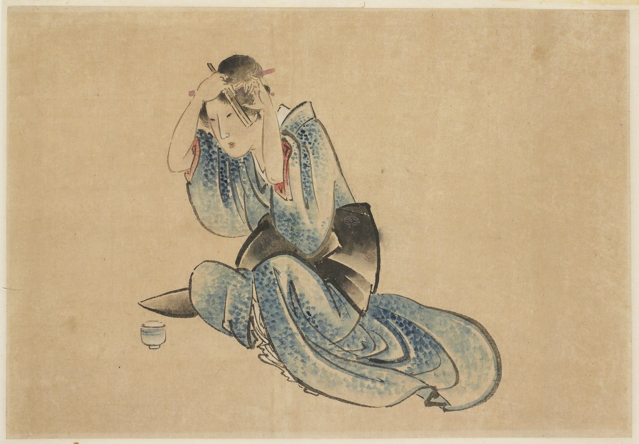 Siddende dame ved sit toilet af Katsushika (school of) Hokusai