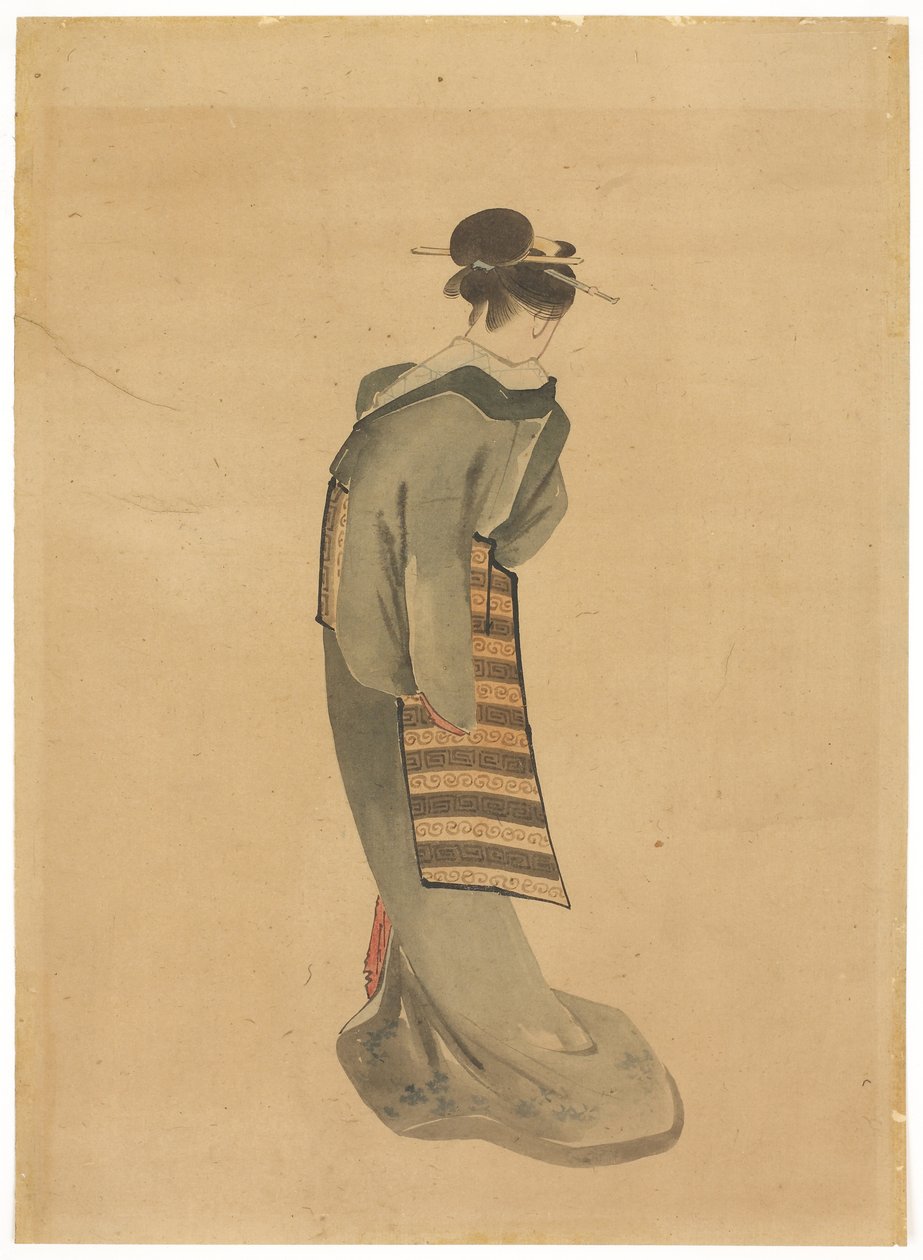 Standing Beauty (bagfra), ca. 1850 (blæk og farve på papir) af Katsushika (school of) Hokusai