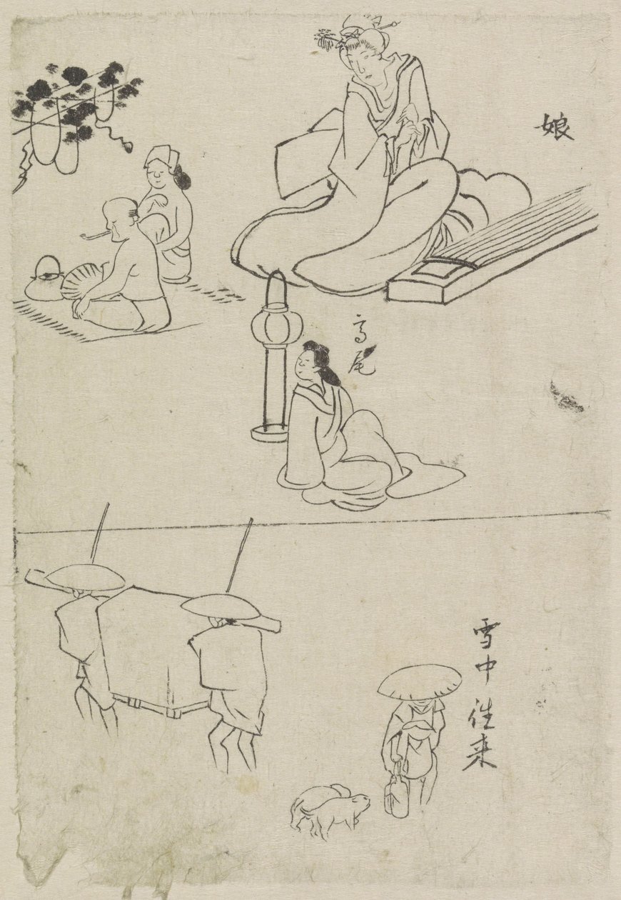 Forskellige forestillinger, blandt andet en dame med en koto, en siddende dame og to mænd af After Katsushika Hokusai