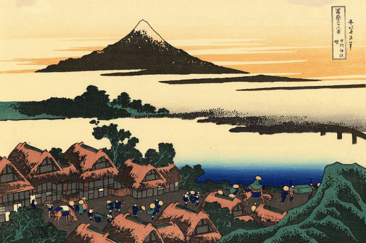 36 udsigter over Mount Fuji, Japan: Daggry ved Isawa i Kai-provinsen, Japan - Tryk af Katsushika Hokusai (1760-1849) (ukiyo-e-skole) 1830-1833 State A Pushkin Museum of Fine Arts, Moskva af Katsushika Hokusai
