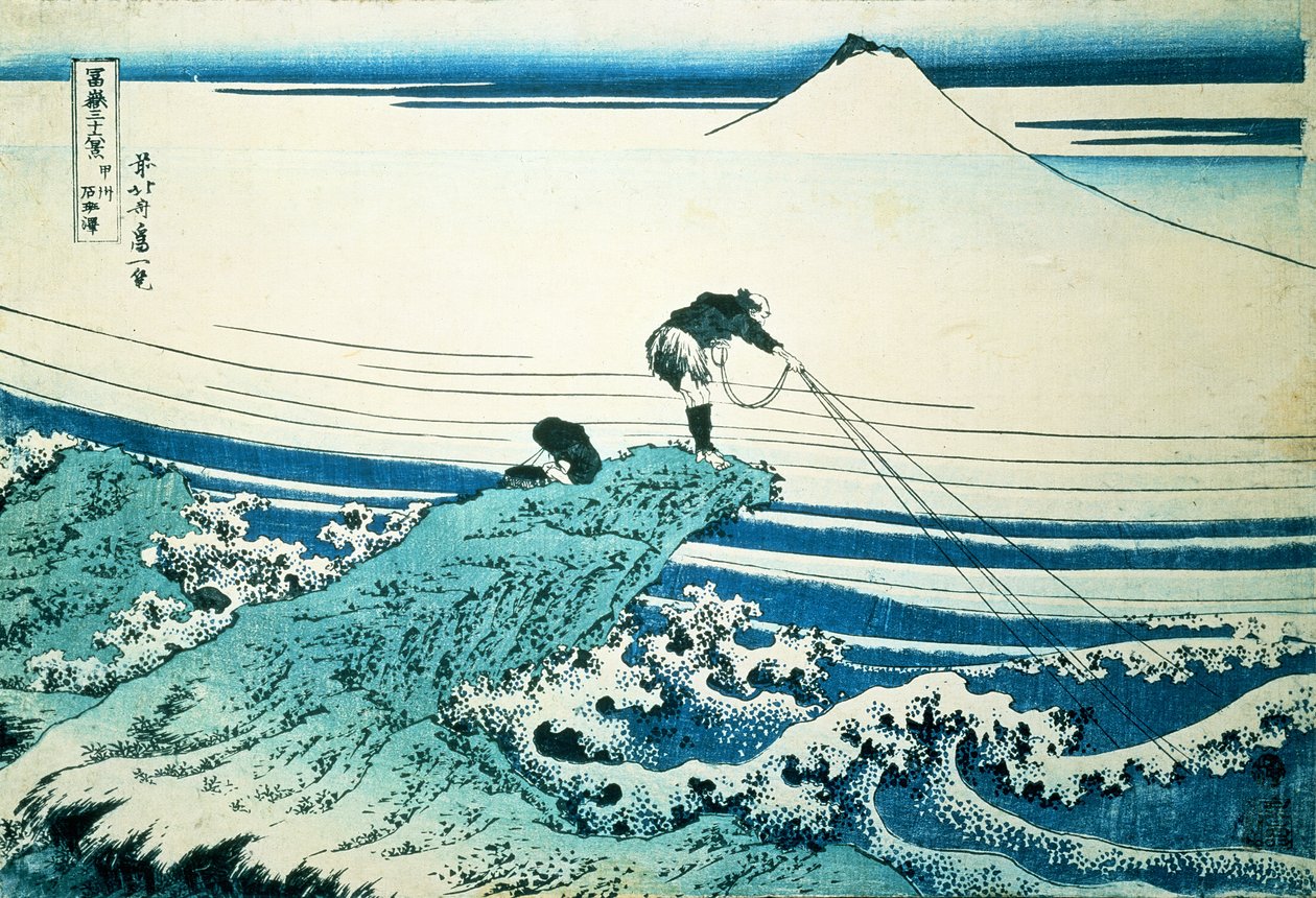 "A Fisherman Standing on a Rocky Promontory at Kajikazawa in Kai Province", fra serien "36 Views of Mt.Fuji", pub. ca. 1830-31, af Katsushika Hokusai