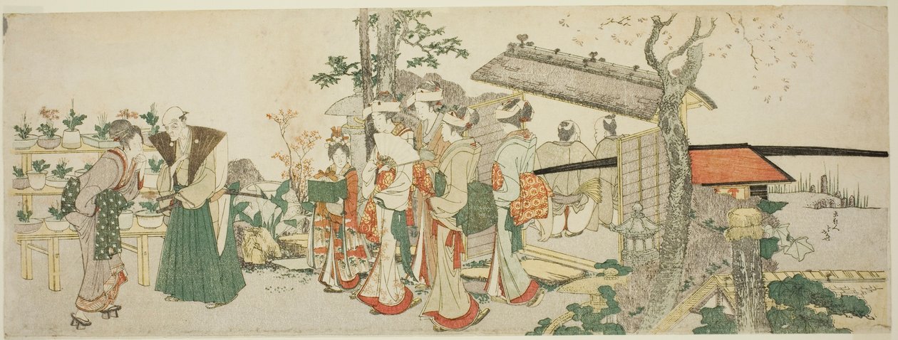 En gruppe unge kvinder på vej ind i en gartneri have af Katsushika Hokusai