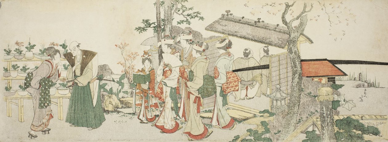 En gruppe unge kvinder på vej ind i en gartneri have af Katsushika Hokusai