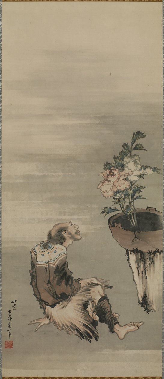 En siddende mand ser på pæoner i potte, Edo-periode (blæk og farve på papir) af Katsushika Hokusai