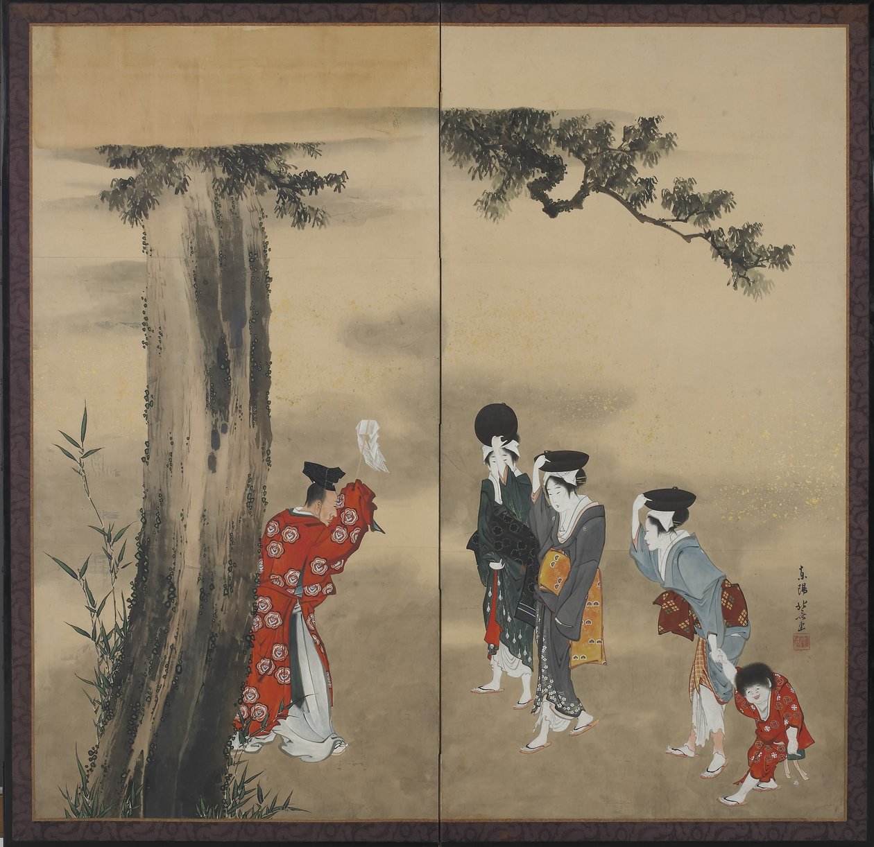 En shintopræst, tre kvinder og et barn af Katsushika Hokusai