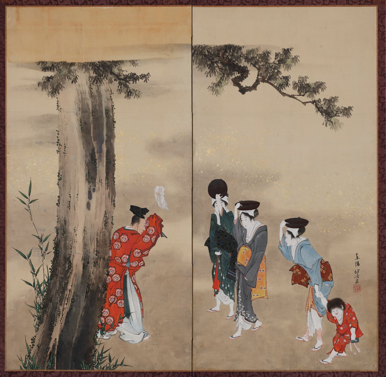 En shintopræst, tre kvinder og et barn, Edo-perioden, ca. 1799-1801. af Katsushika Hokusai