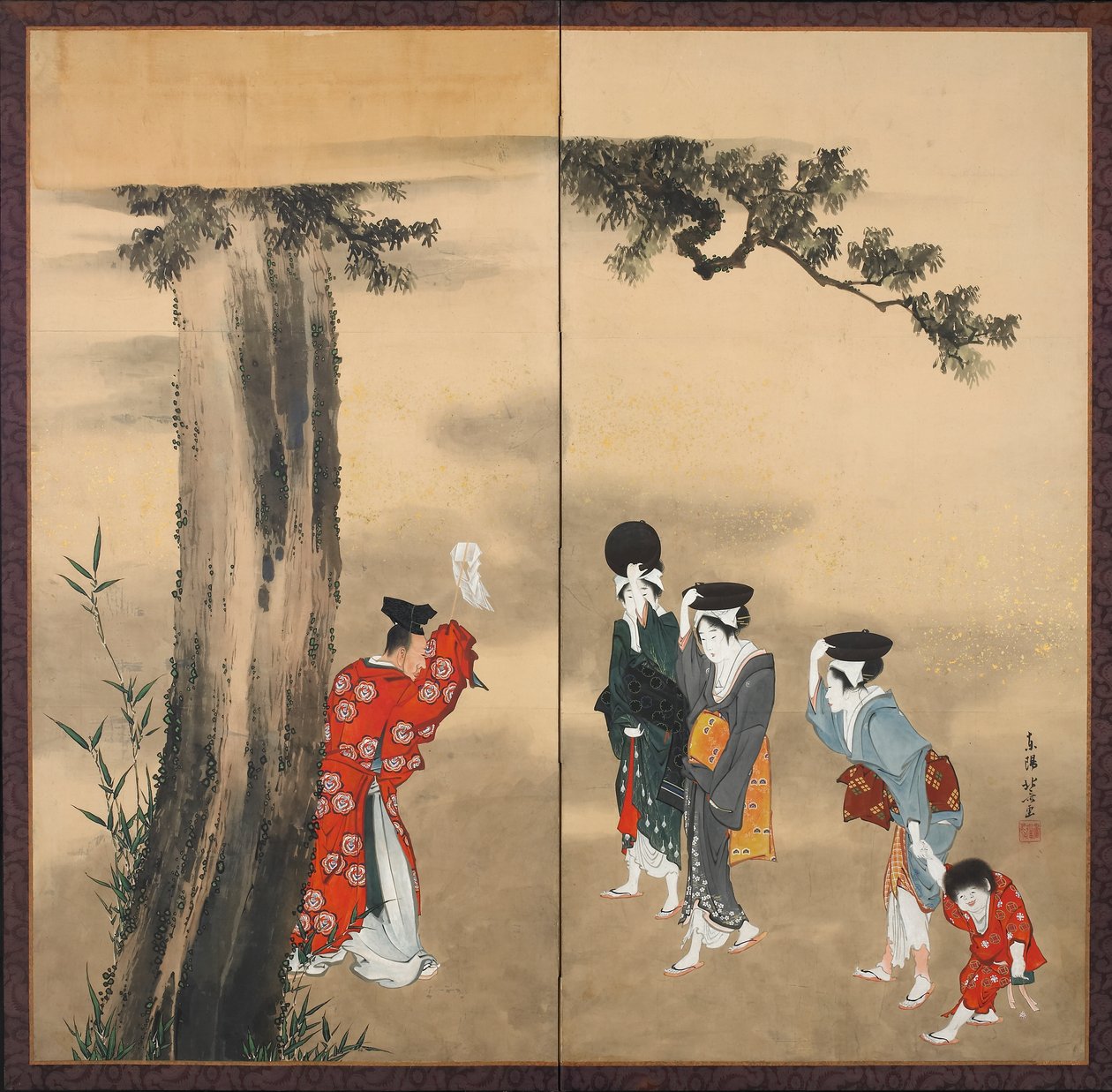 En shintopræst, tre kvinder og et barn, Edo-perioden, ca.1799 (blæk, guld og farve på papir) af Katsushika Hokusai