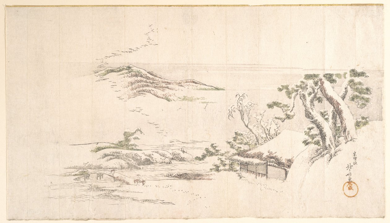 Et snedækket landskab med grå skyer af Katsushika Hokusai