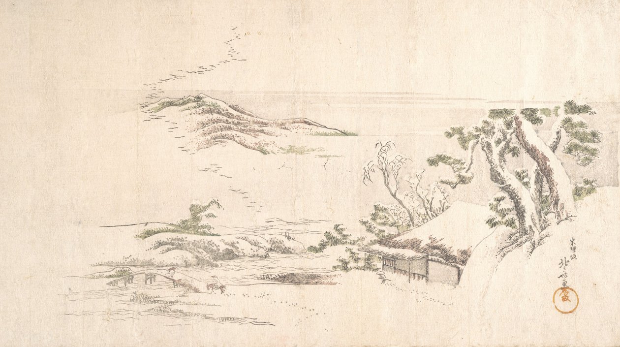 Et sneklædt landskab med grå skyer, ca. 1800. af Katsushika Hokusai
