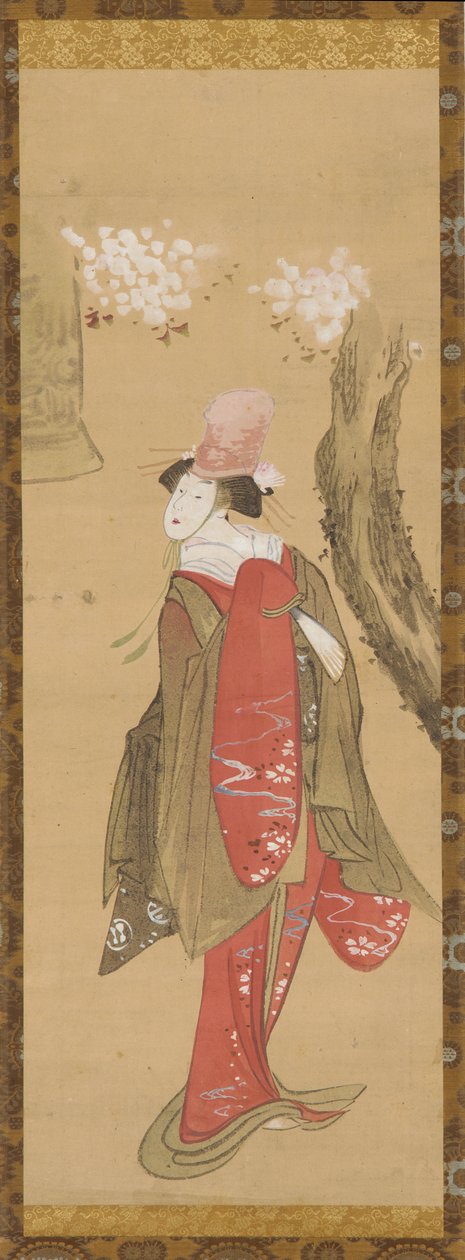 En danser, Kiyohime, et kirsebærtræ og klokken fra Dojo-ji, slutningen af det 18.-begyndelsen af det 19. århundrede. af Katsushika Hokusai