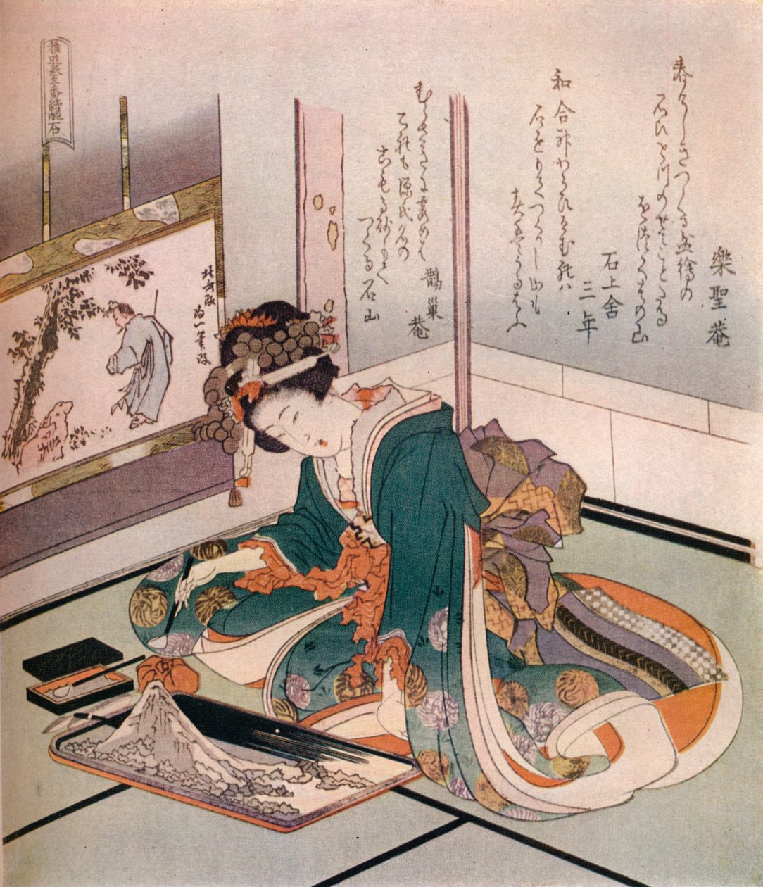 En kvinde laver en miniaturemodel af Mount Fuji, c1823. af Katsushika Hokusai