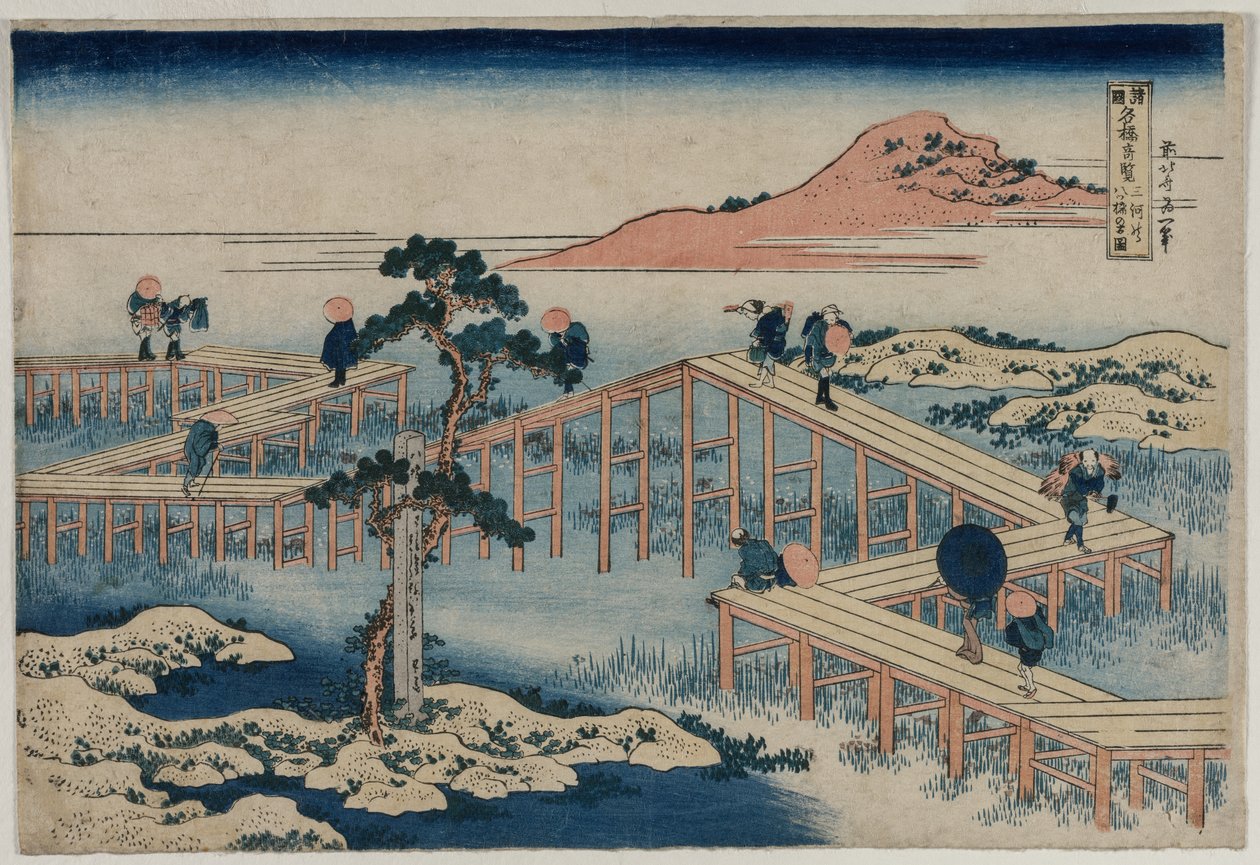Et gammelt billede af broen med otte dele i Mikawa-provinsen (fra serien Curious Views of Famous Bridges in the Provinces) af Katsushika Hokusai