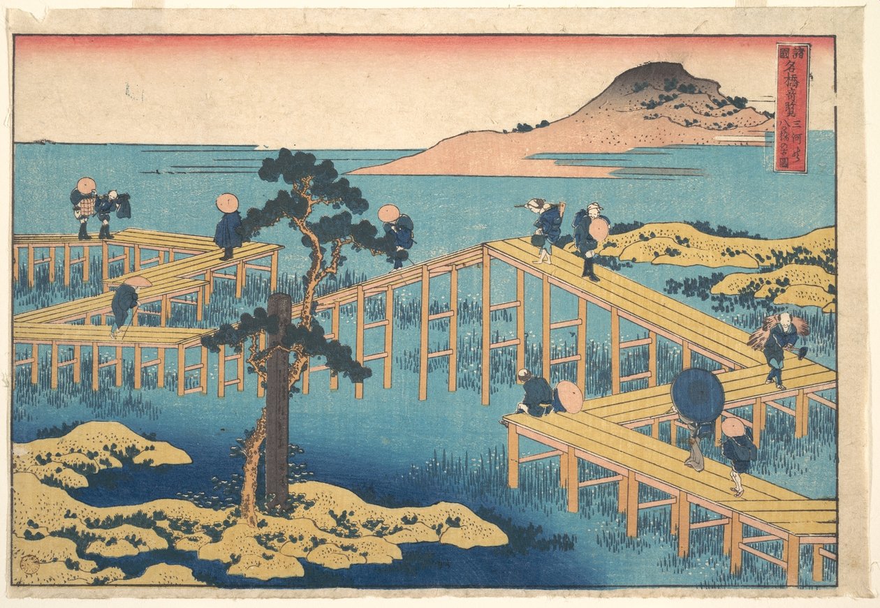 Gammelt motiv af Yatsuhashi i Mikawa-provinsen (Mikawa no Yatsuhashi no kozu), fra serien »Bemærkelsesværdige udsigter over broer i forskellige provinser« (Shokoku meikyō kiran) af Katsushika Hokusai