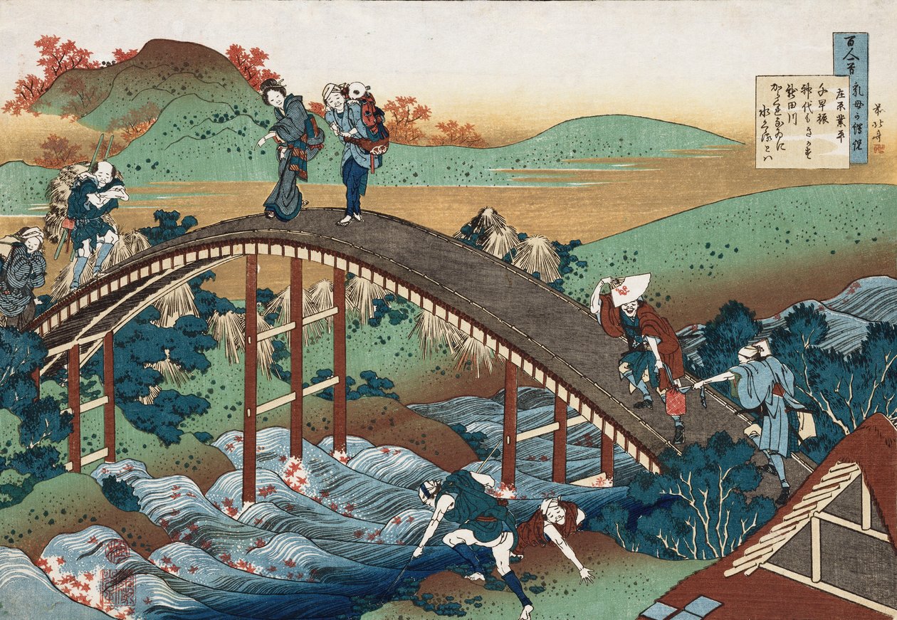 Efterårsblade på Tsutaya-floden, fra serien "One Hundred Poems as Told by the Nurse", ca. 1839 af Katsushika Hokusai