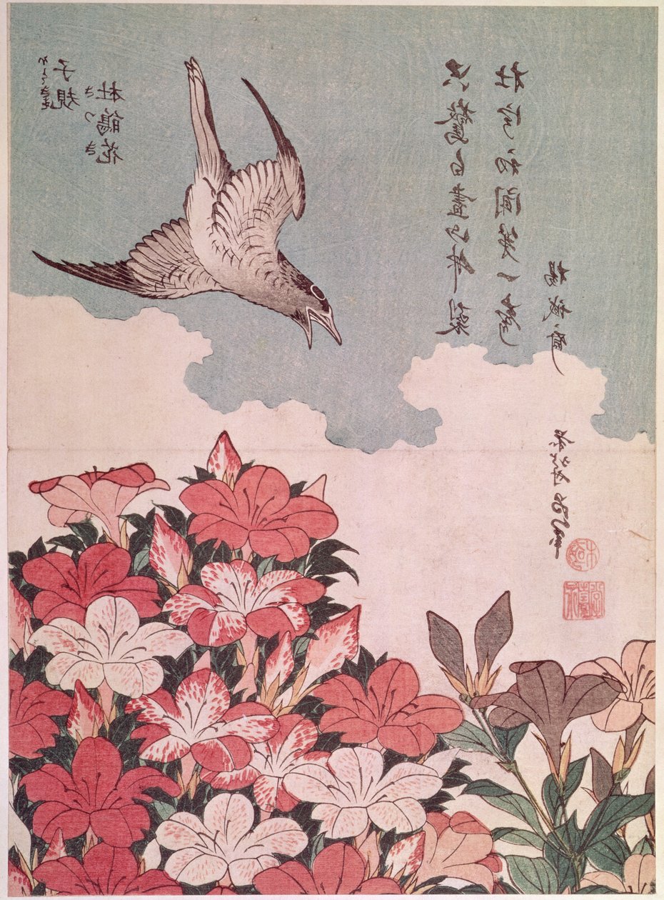 Azalea og gøg, udgivet af Eijudo, ca. 1830 (træblok i farver) af Katsushika Hokusai